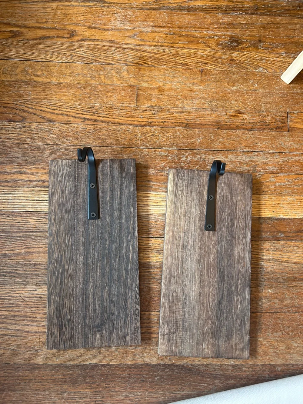 Set of 2 Rustic Dark Brown Wood Wall Planks with Black Hooks